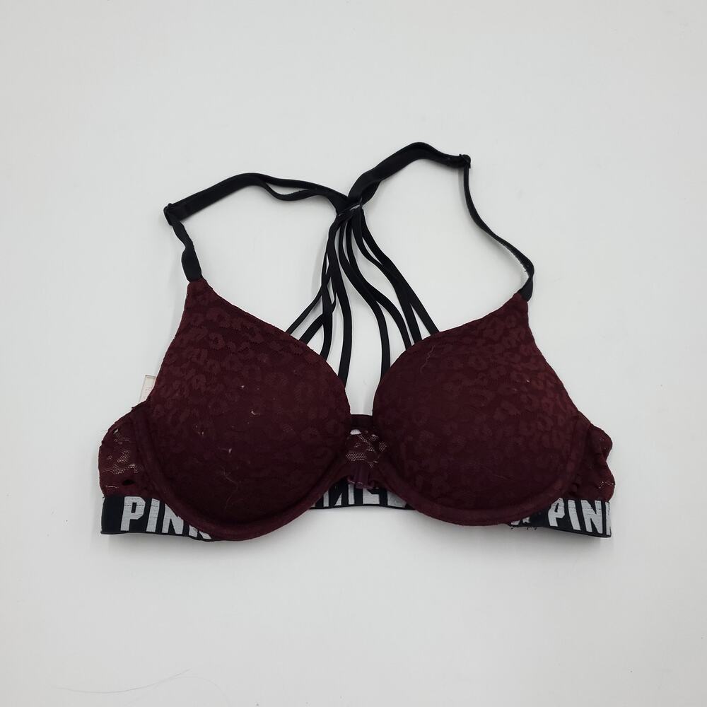 Victoria's Secret Pink Burgundy Push-Up Strappy Back Bra Size 32B